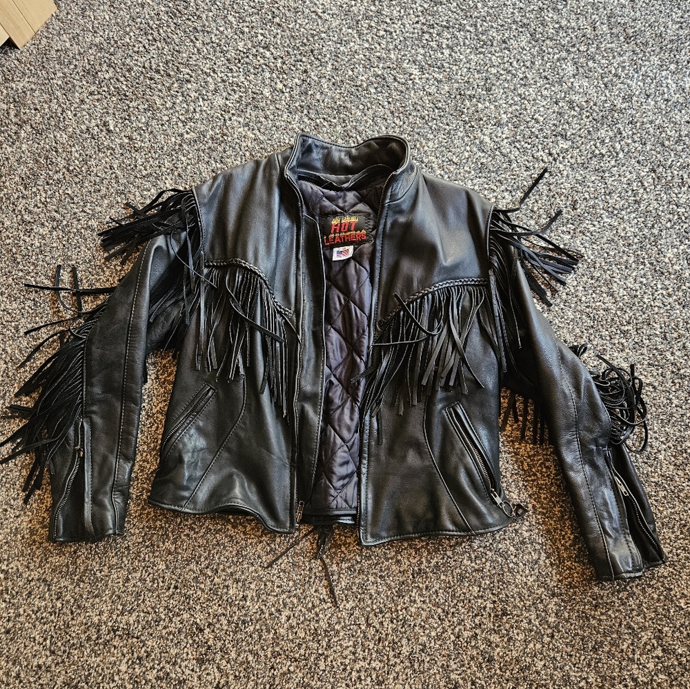Black Leather Fringe Jacket with Motorcycle Style - Picture 3 of 3